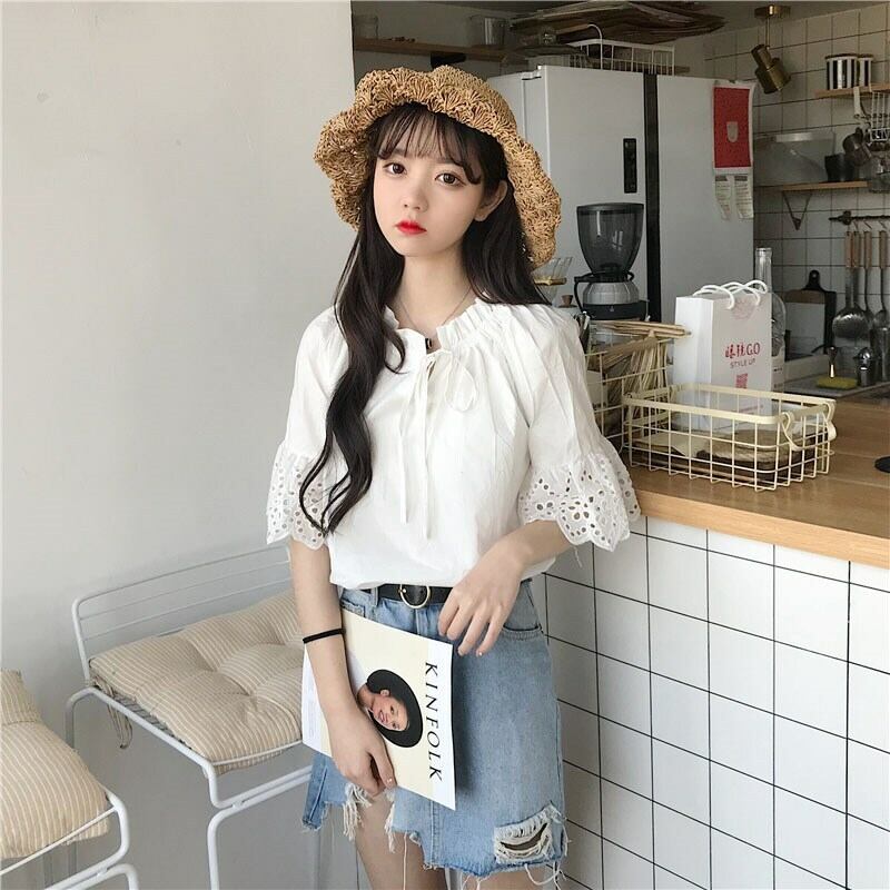 夏セール レース白トップスチュニック コットン風 トップス 袖花柄 シャツ フレアトップス レース レーストップス 五分丈 半袖 花柄 ブラウス Tシャツ インポート 韓国 韓国ファッション 夏服 リゾート レディースファッション 送料無料 韓国レディース キッズ