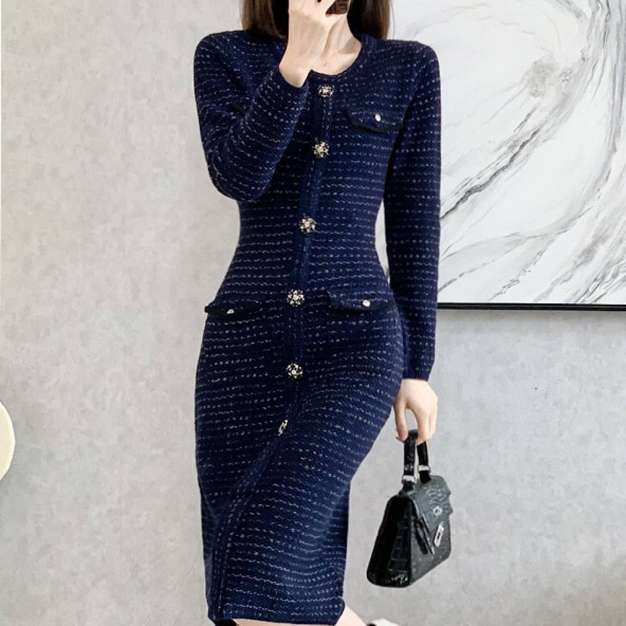 ツイード風フロントボダンニットワンピース YH8377