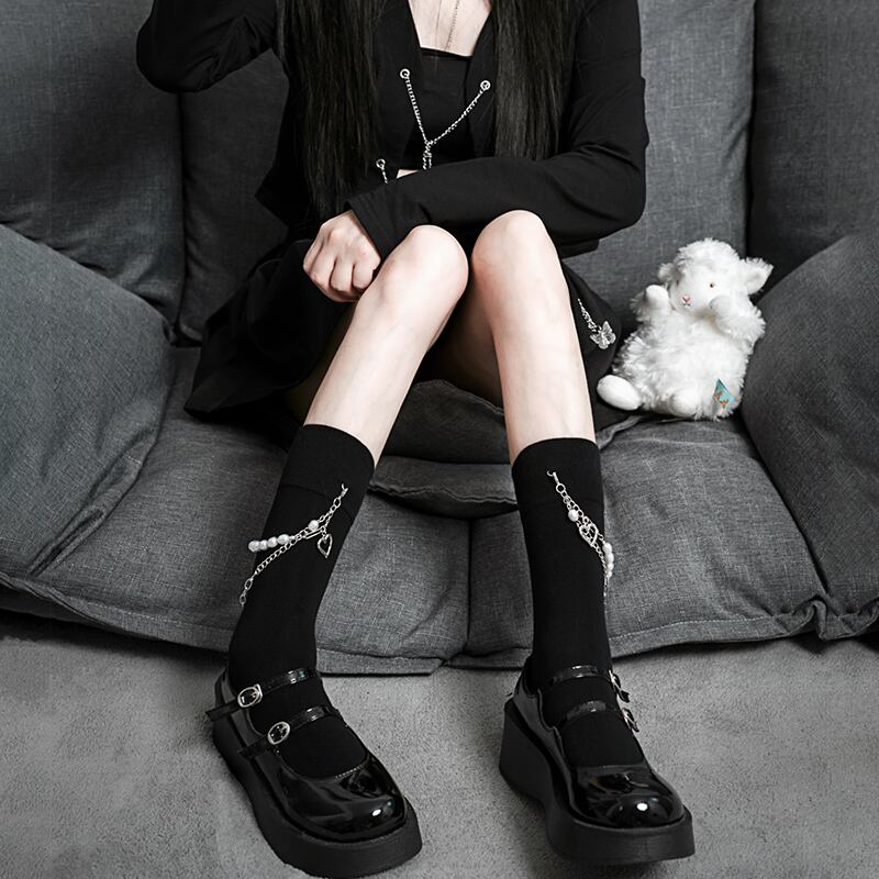 サブカル 服 地雷系 通販 ブラック ハイソックス フェイクパール チェーン ゴシック 闇かわいいバンギャ