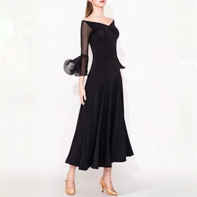 シアーメッシュスリーブ ベルフレア ロング ダンスドレス 2col D00626