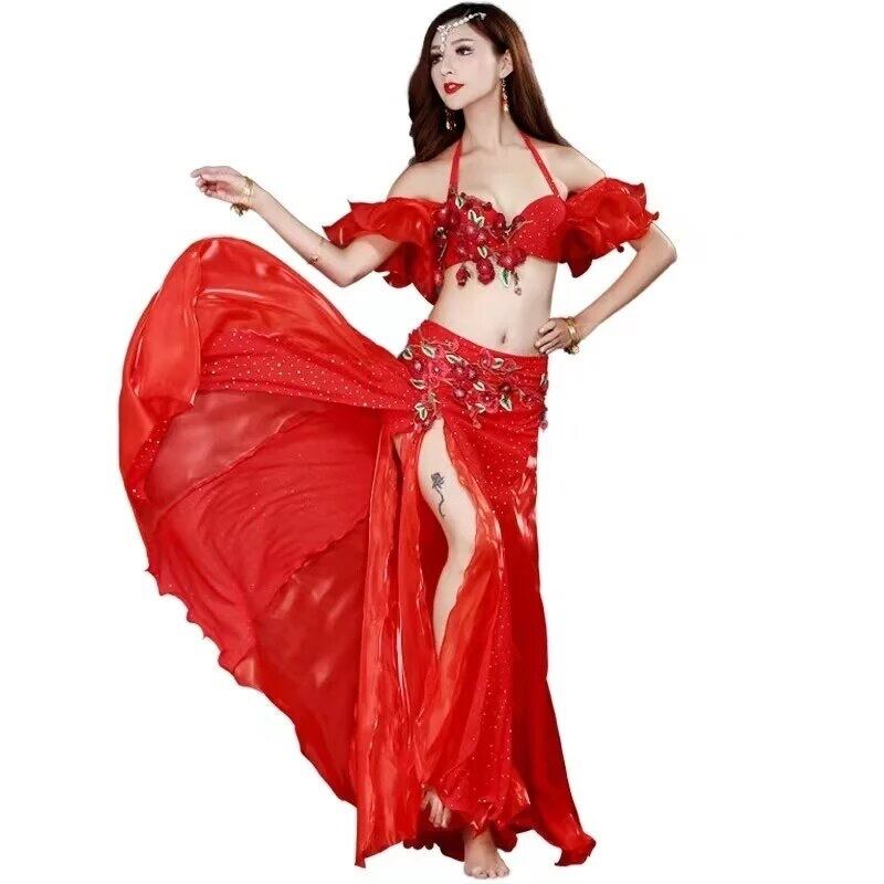 【新品・美品】ベリーダンス衣装 3点セット華やか 大輪フラワー付 ベリーダンス衣装 3点セット華やか 大輪フラワー付