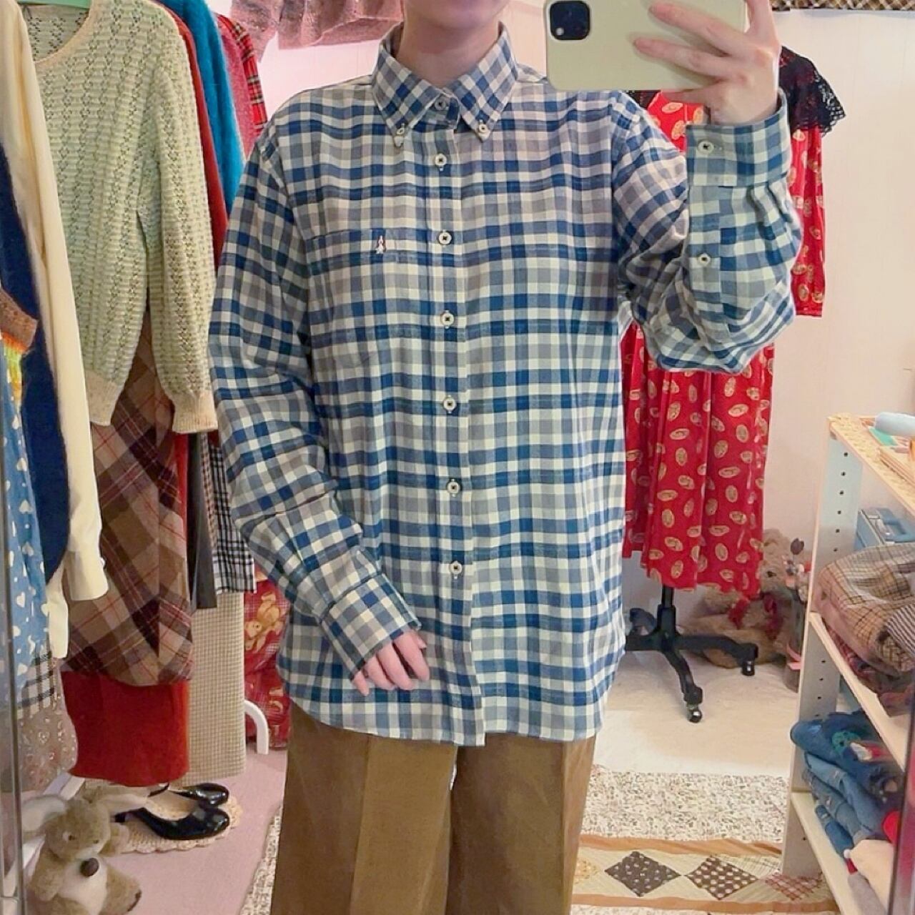 blue green check flannel shirt