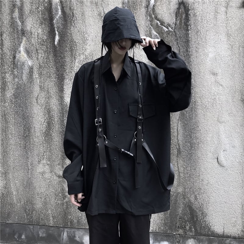 サブカル 服 地雷系 通販 黒シャツ ショルダーストラップ 暗黒系 闇かわいい ゴシック ユニセックスバンギャ