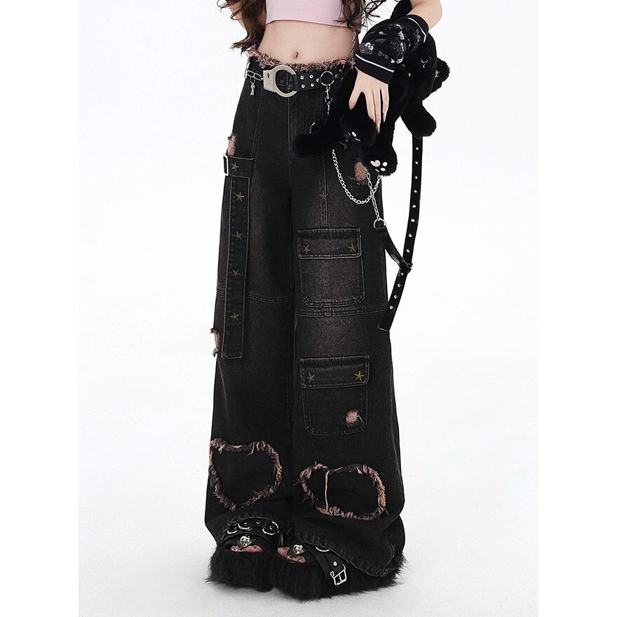 ブラックデニムワイドパンツ 地雷 パンク ストリート サブカル 服 地雷