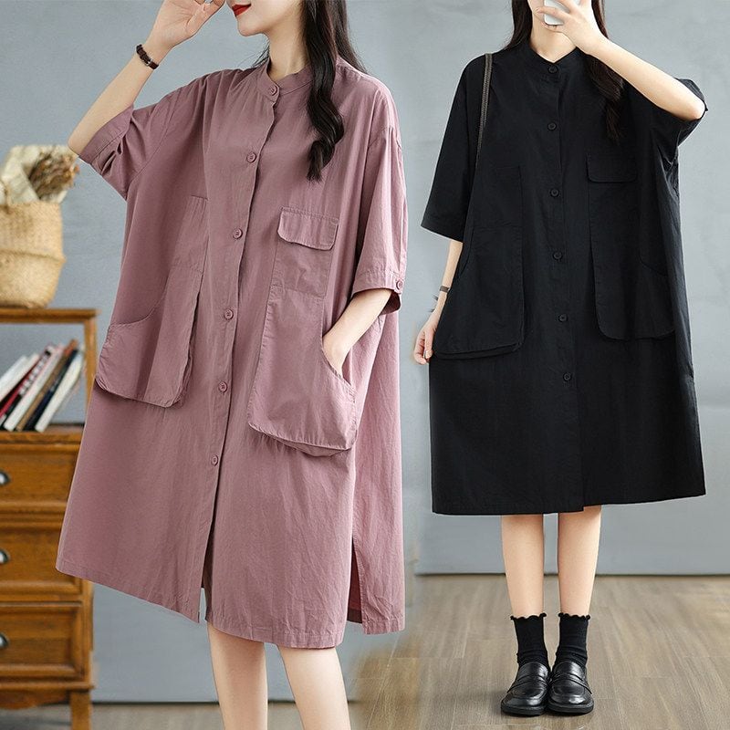 STAND COLLAR RELAXED BUTTONED POCKET MIDI DRESS M-17795