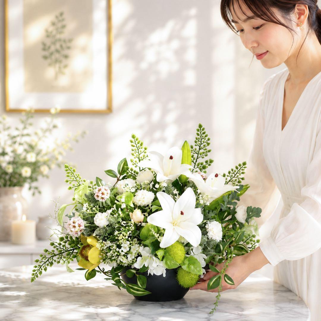 光触媒】枯れないお供え花 百合のフラワーアレンジ 仏花 初盆 サロン