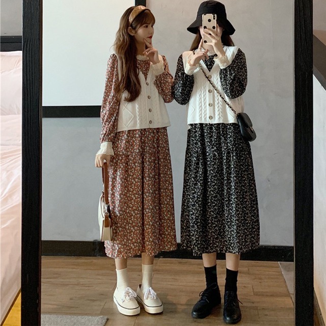 スプリングスタンダードスタイルレースフローラルドレス オータムウィンタールーズ薄手スカート レトロ 春物 秋物 冬物 花柄 ステッチ 萌量不足96560332299