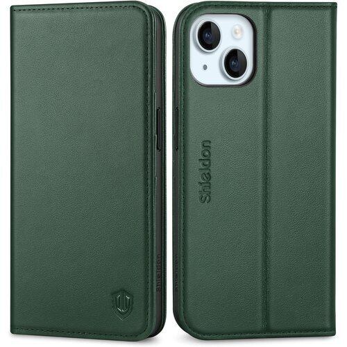 SHIELDON iPhone 15 対応ケース 手帳型 本革 あいふぉん15 スマホカバー 衝撃吸収 TPU素材 カード収納 横置きスタンド機能 マグネット内蔵 RFIDブロッキング全面保護 アイホン15 用 スマホケース 202発売 6.1インチ 5G ミッドナイトグリーン 2186