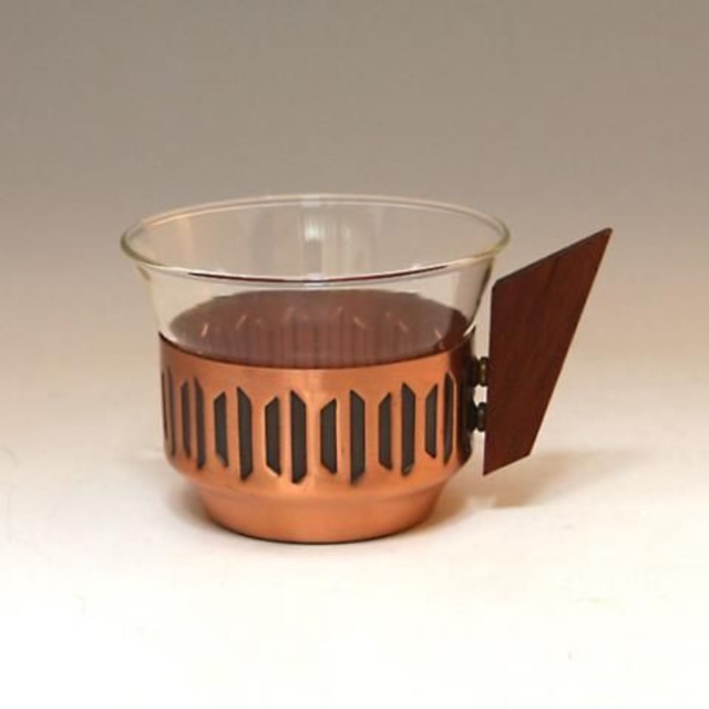 W.GERMANY JENA GLASS CUP & COPPER/TEAK HOLDER