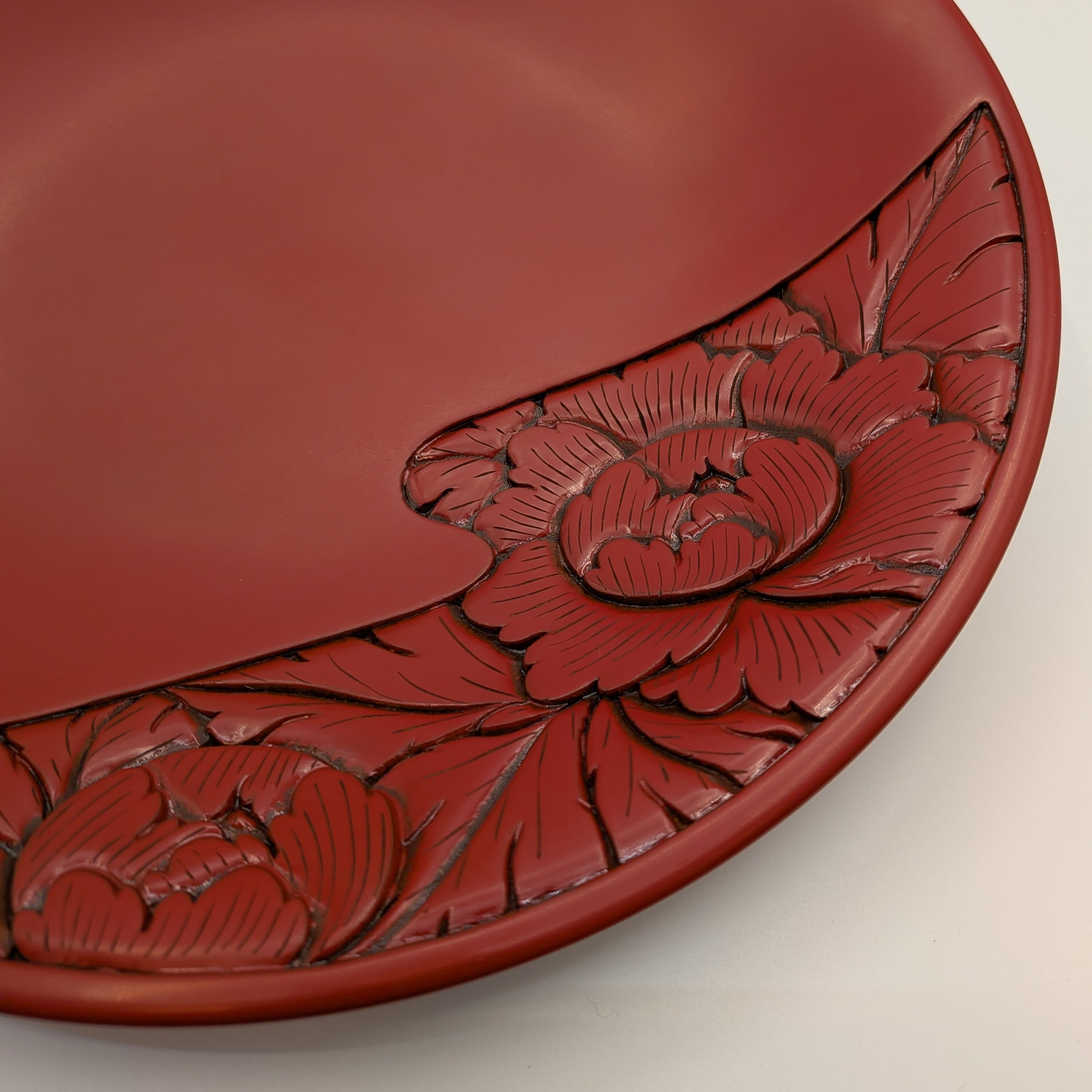 中古】村上木彫堆朱 菓子鉢（朝顔形）堆朱 波唐草文様 K001 23.5cm