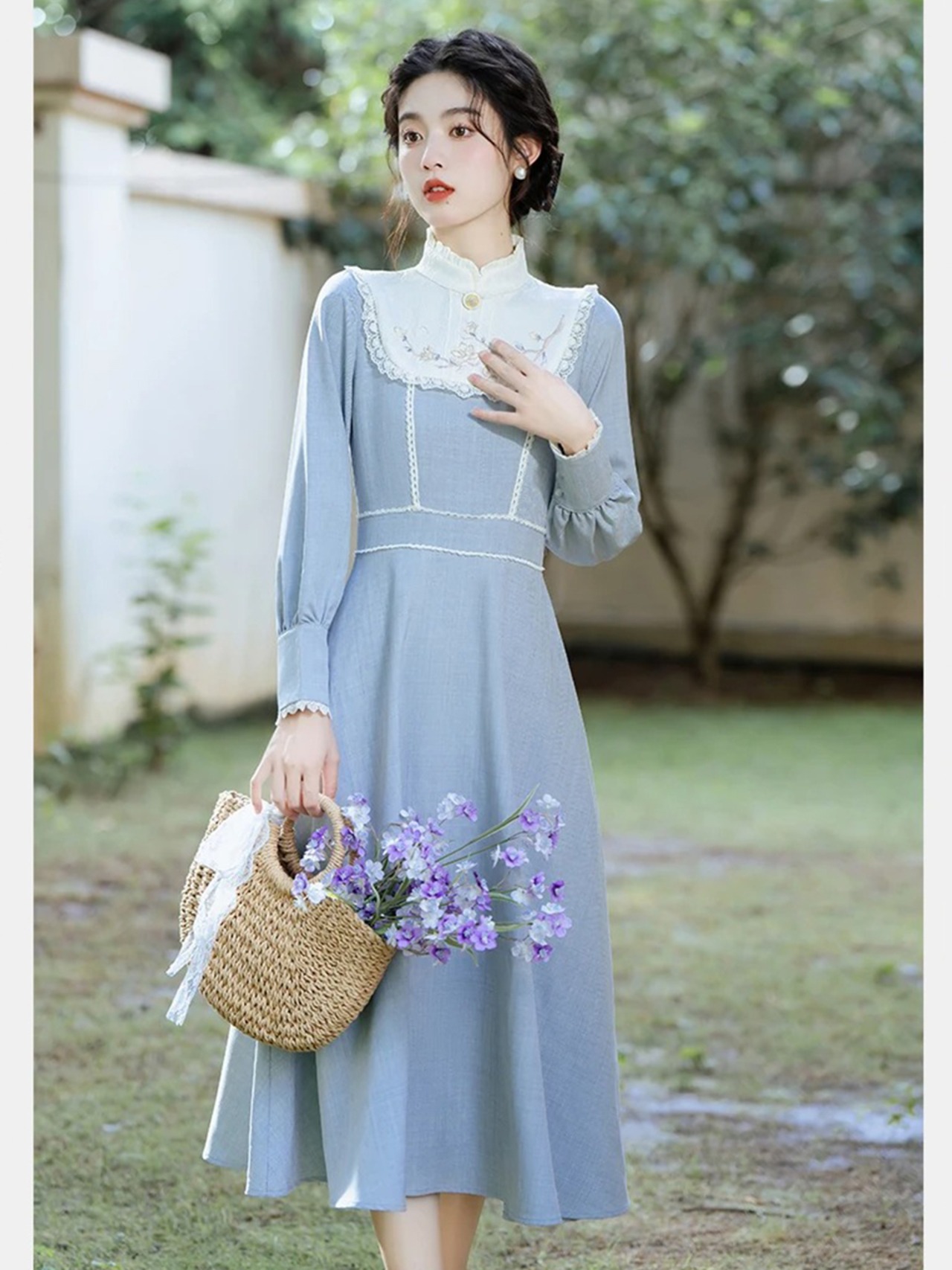 【0129】Light Blue Elegant Slim Long Sleeve Dress