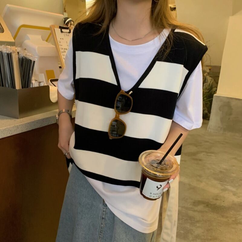 ブラックホワイトストライプルーズVネックブラウス サマーニットレディース 夏物 YY-ファッション81651123015