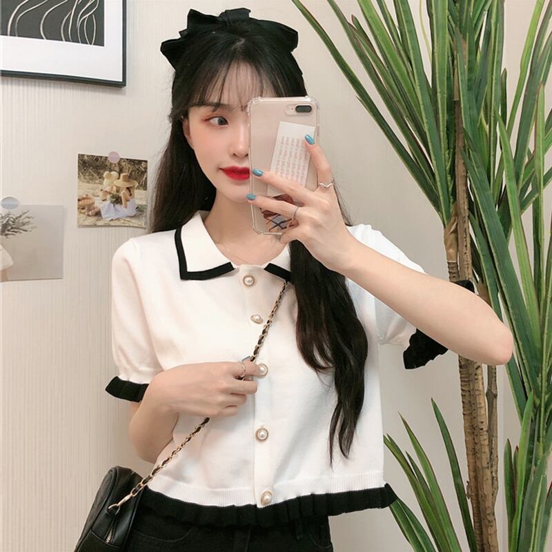 カラーパールバックルニットショートTシャツ サマー薄手トップス 夏物 真珠 萌量不足63233002086