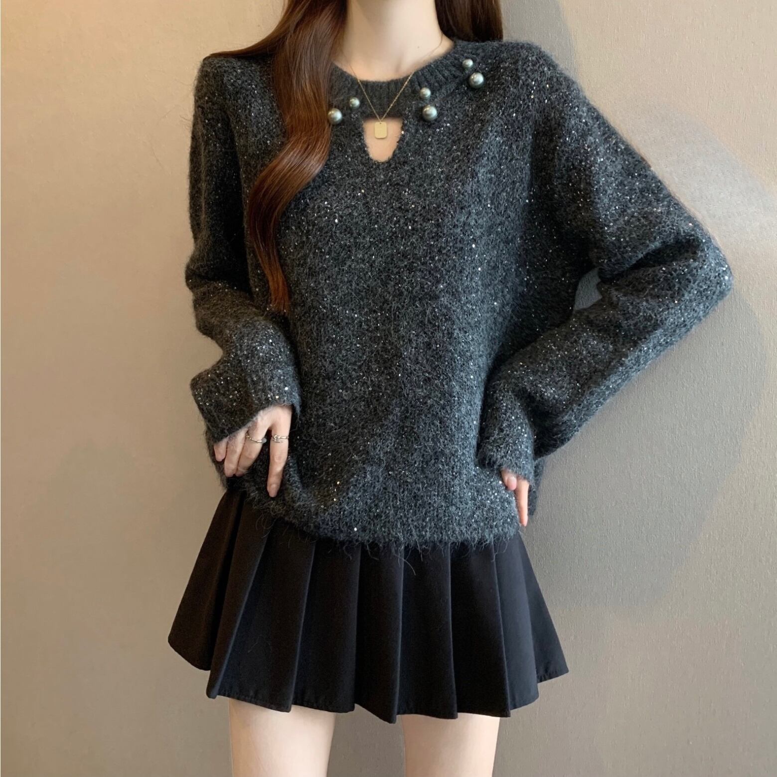 knit shiny button tops / l0997