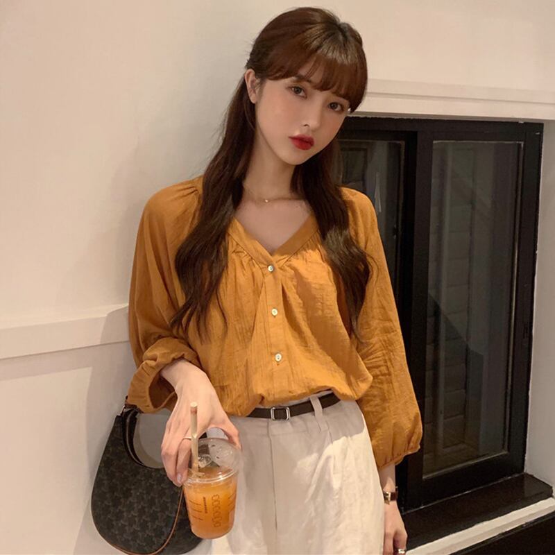 ソリッド カラーVネックシャツ レディーススプリングスタイルトップス ロング 春物 ソリッドカラー 萌量不足26521222461