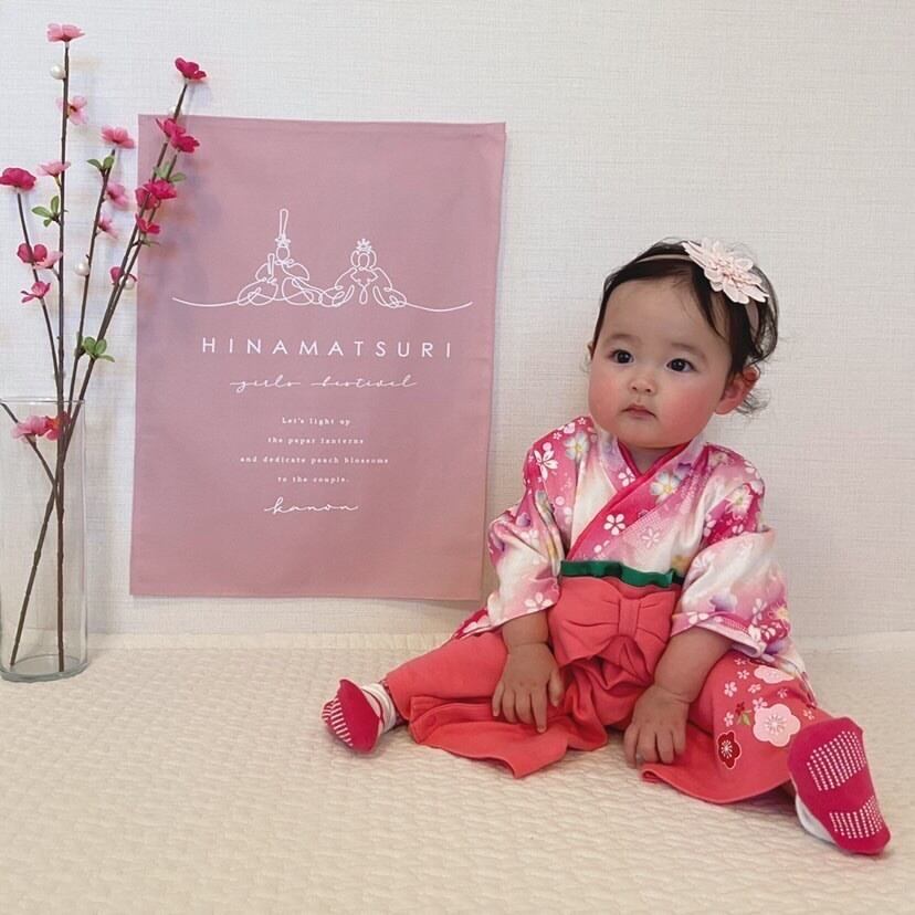 ヘアバンド付き）ベビー袴 ハンドメイド 桜舞✕濃赤 🌸 ベビーヘア