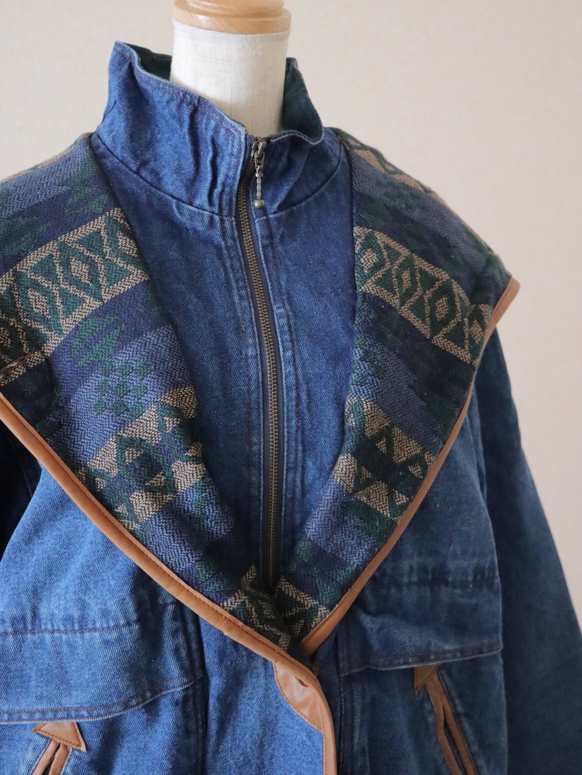 90s ROCK CREEK jacquard & leather piping design hoodie denim jacket coat