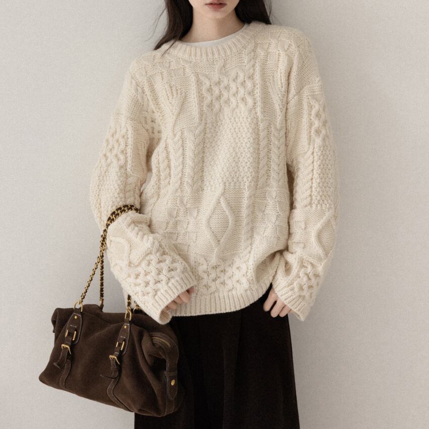 patchwork  crew-neck cable knit　J00435