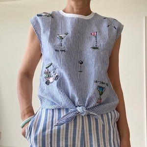 VILAGALLO　ブルー✖️ホワイトストライプ＋ゴルフ刺繍裾リボンポイント切り替えTシャツ SPAIN:VIL33243 ¥26,000＋tax