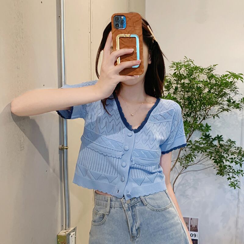 ブルーVネックニットショートサマー薄手トップス 夏物 スーパーモール15417848565