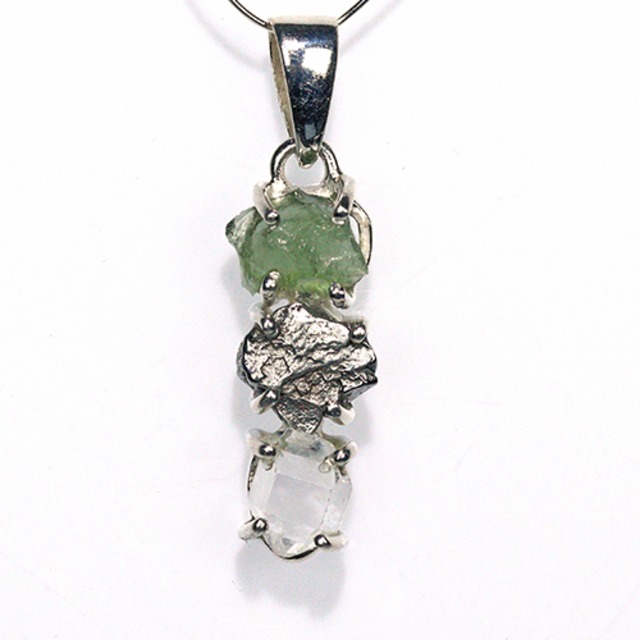 〔J367-18〕天然モルダバイト 鉄隕石 ハーキマーダイヤモンド sv925 ペンダントトップ meteorite