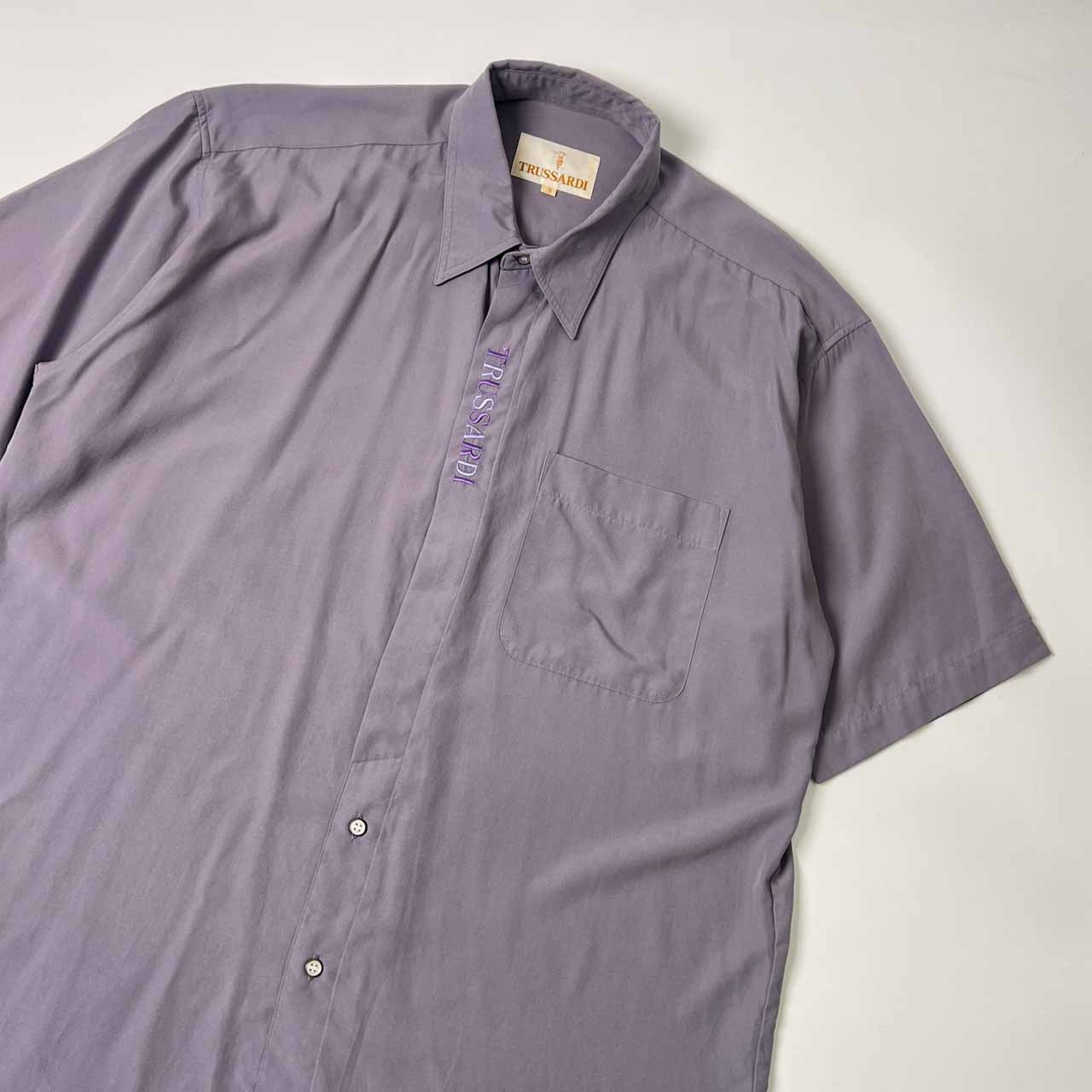 90s TRUSSARDI トラサルディ 比翼 半袖 レーヨンシャツ 3/くすみパープル系 メンズ ビンテージ