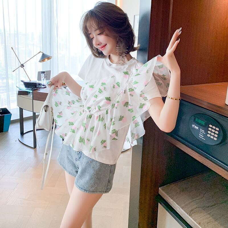 ジャカードウェスト薄手ラウンドネックTシャツ サマー 夏物 Oネック ステッチ MIUCO83938951850