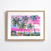 Sunset Beach｜ピンクに染まる夕暮れの海アートポスター｜油絵調の柔らかな癒しデザイン｜北欧ナチュラルに合う額縁セット｜A2ポスター