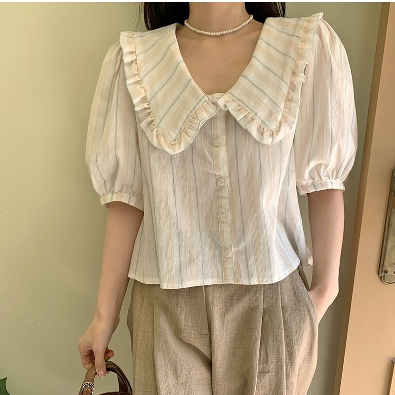 トップス レディース シャツ ブラウス ネルシャツ フリル Vネック ラージカラー イエロー S M L XL ストライプ ニュアンスカラー ビックカラー セーラーカラー 半袖 襟付き かわいい 大人可愛い シンプル カジュアル 大人 おしゃれ お洒落 かっこいい レトロ ガーリー リラックス ナチュラル こなれ感 ラフ 送料無料 ゆったり ゆる 春 秋 冬 10代 20代 30代 通勤 OL 通学 ママ デート お出かけ 送料無料 女子会 休日 旅行 着回し 普段使い 重ね着 韓国系