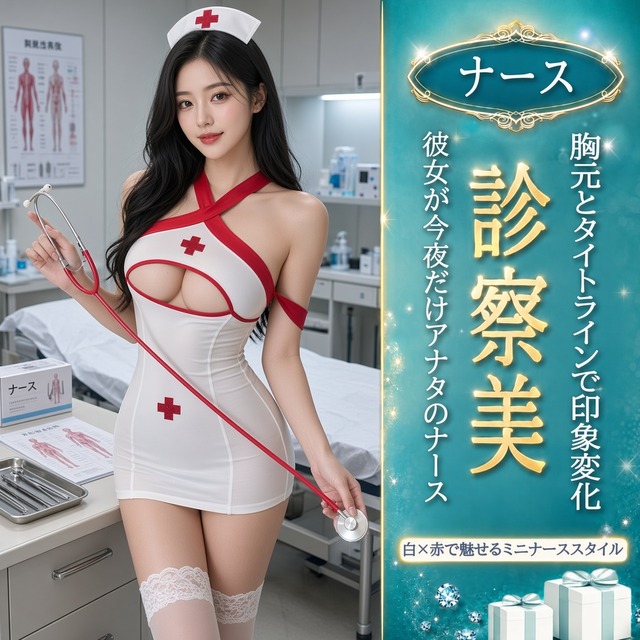 〔ナース〕クロスライン ナース風ミニワンピース ホワイト×レッド 3点セット