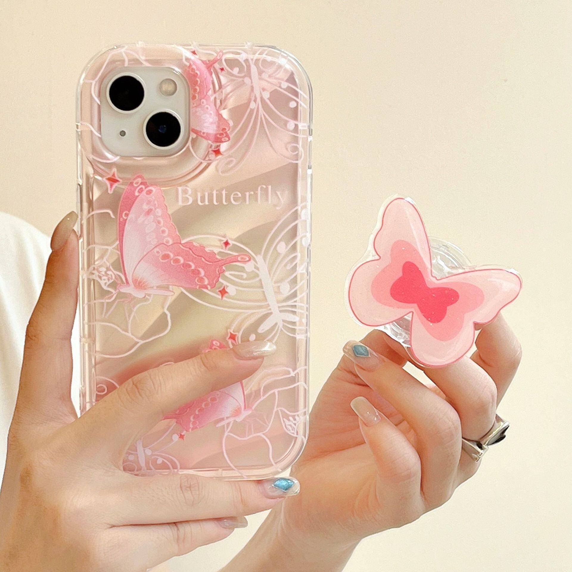 【iPhone15対応】可愛いピンクバタフライ◎水紋デザイン クリアケース 蝶々 ハンドグリップ フラワー カメラ保護フレーム スマホケース ND-15174