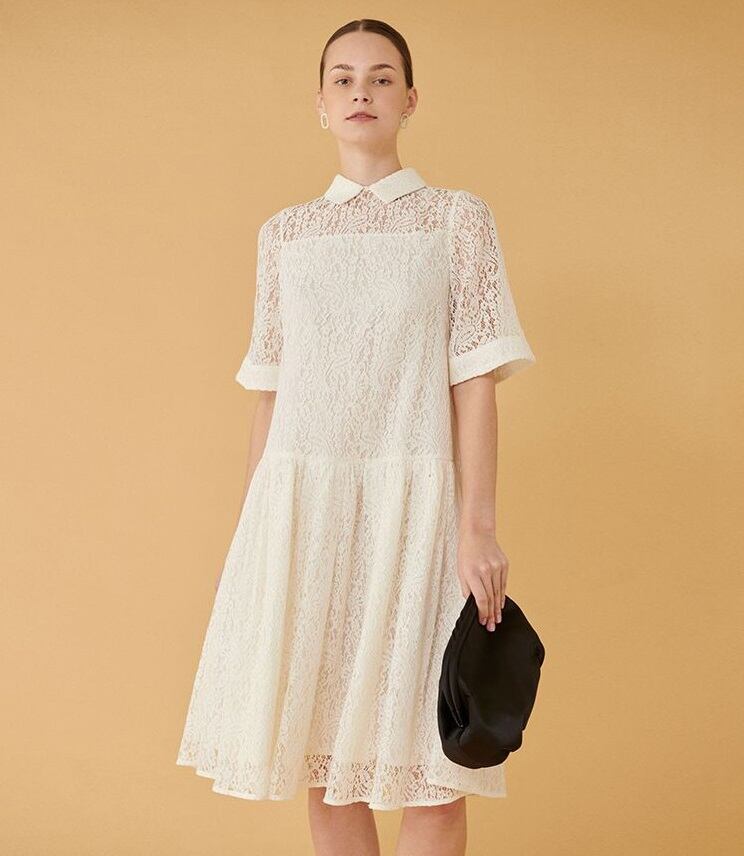 レディース ワンピース ドレス 襟付き 半袖 五分袖 袖あり 花柄 レース