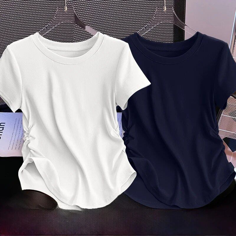レディース 半袖 Tシャツ ウエストゴムデザイン 夏 ファッション プリーツ シンプル エレガント 多用途 トップス 韓国風 通勤 風