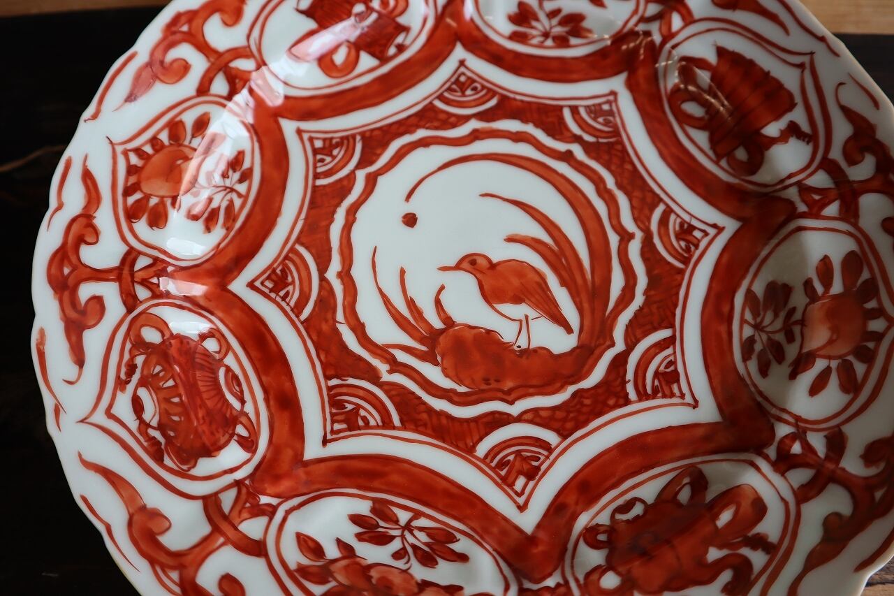 赤絵芙蓉手打ち込み七寸皿(明山手.大) | 陶つちやま