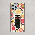 受注生産 iPhoneケース 黒猫と花のサイケ民芸総柄｜猫モチーフ PSYF073B