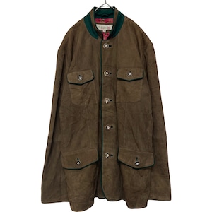 『美品 VINTAGE Der Wildschutz Real suede leather fake wood button elbow patch stand up collar big silhouette over size Tyrol Tyrolean jacket』USED 古着 ヴィンテージ リアル スエード レザー 本革 フェイク ウッド ボタン エルボー パッチ スタンドカラー ビッグ シルエット オーバー サイズ チロル チロリアン ジャケット