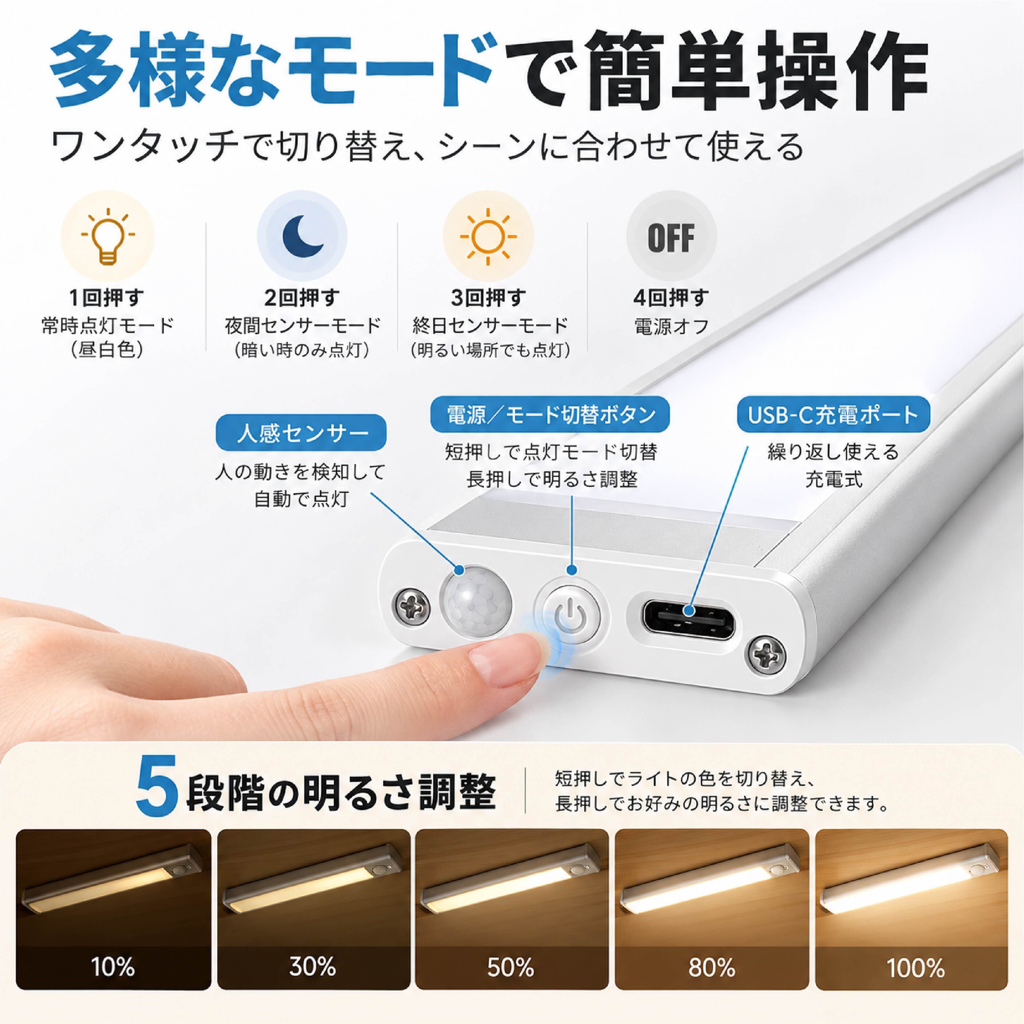 NY 1204 . 人感センサーライト LEDバーライト 充電式 室内 玄関照明