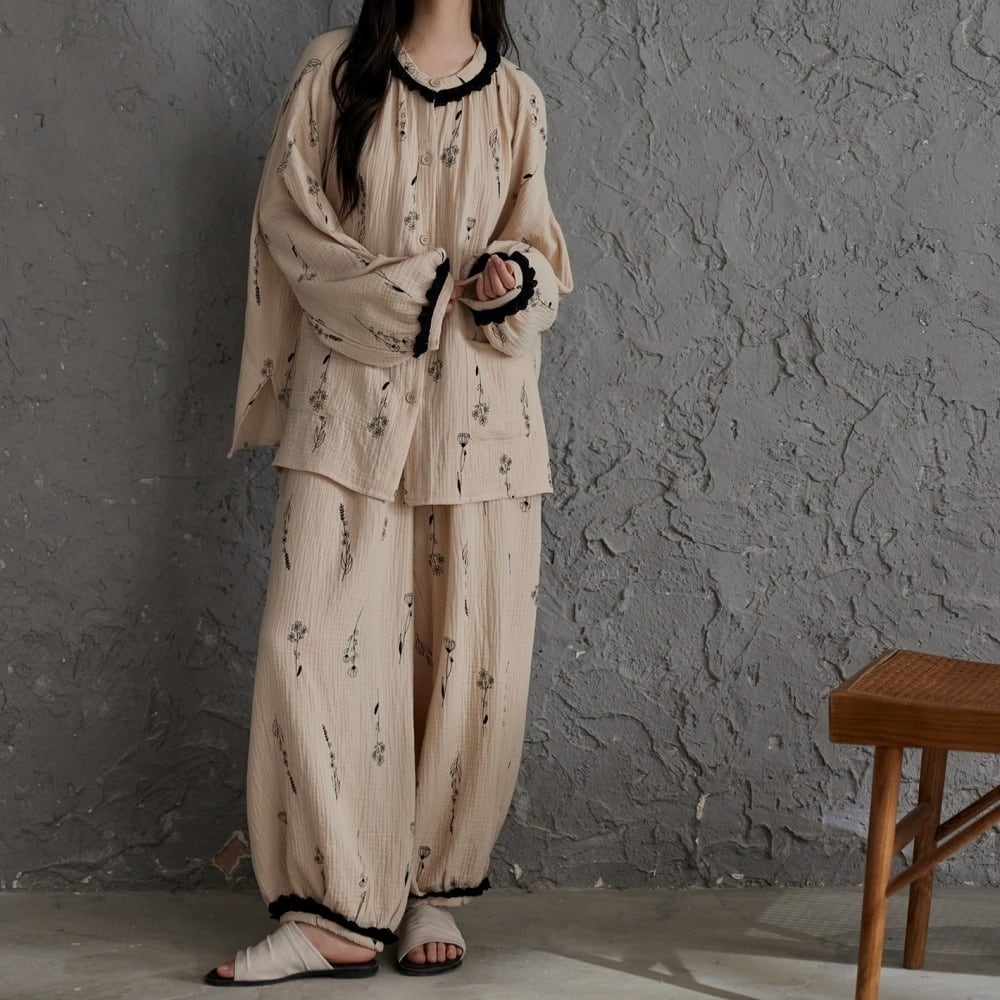 【現品限りLサイズパッドなし】cotton100 monotone flower pattern cardigan style pajamas p1523