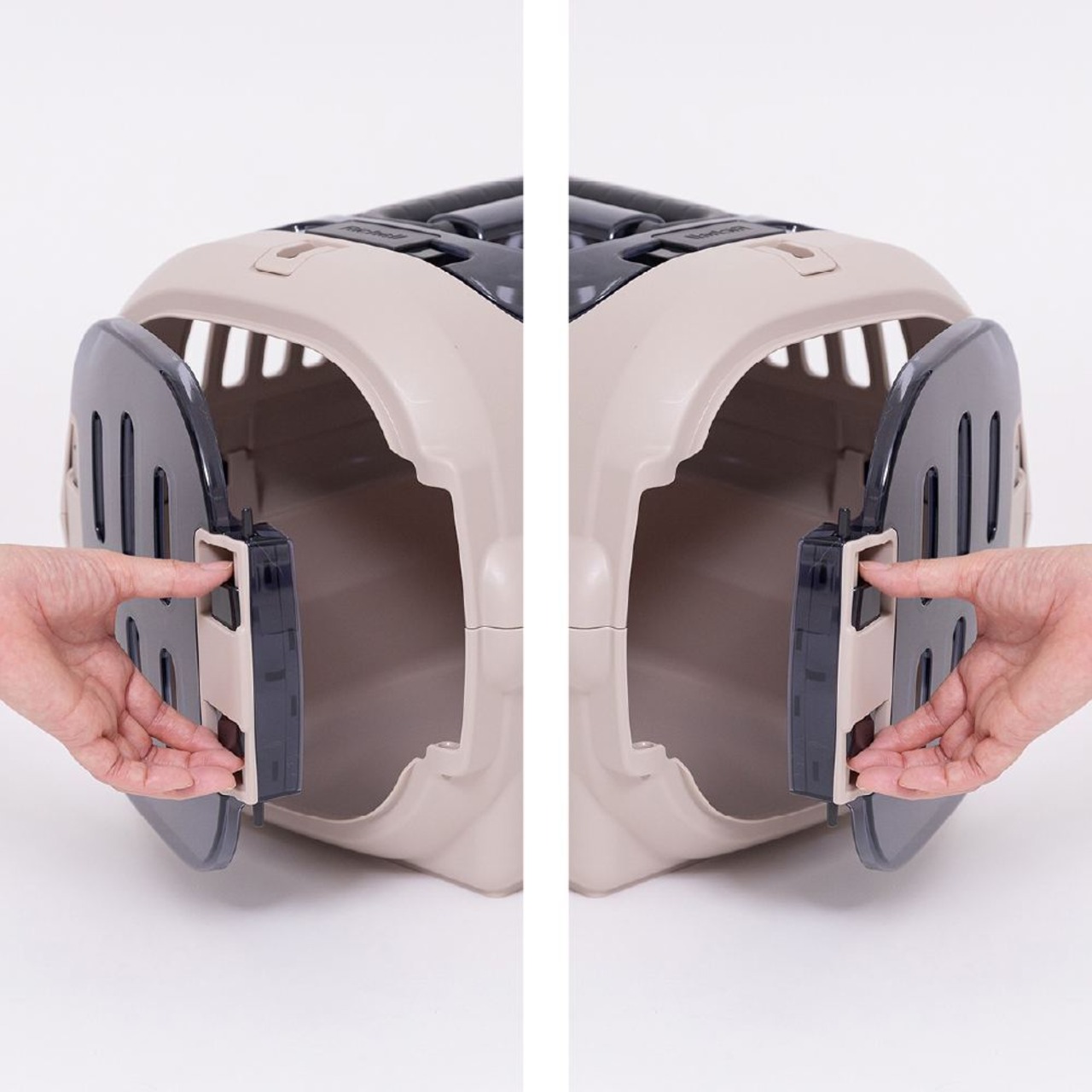 【車や電車移動の時はコレ！ダブルドアキャリー(Sサイズ)】上開きタイプ,ハードキャリー,スモークドアで安心！
