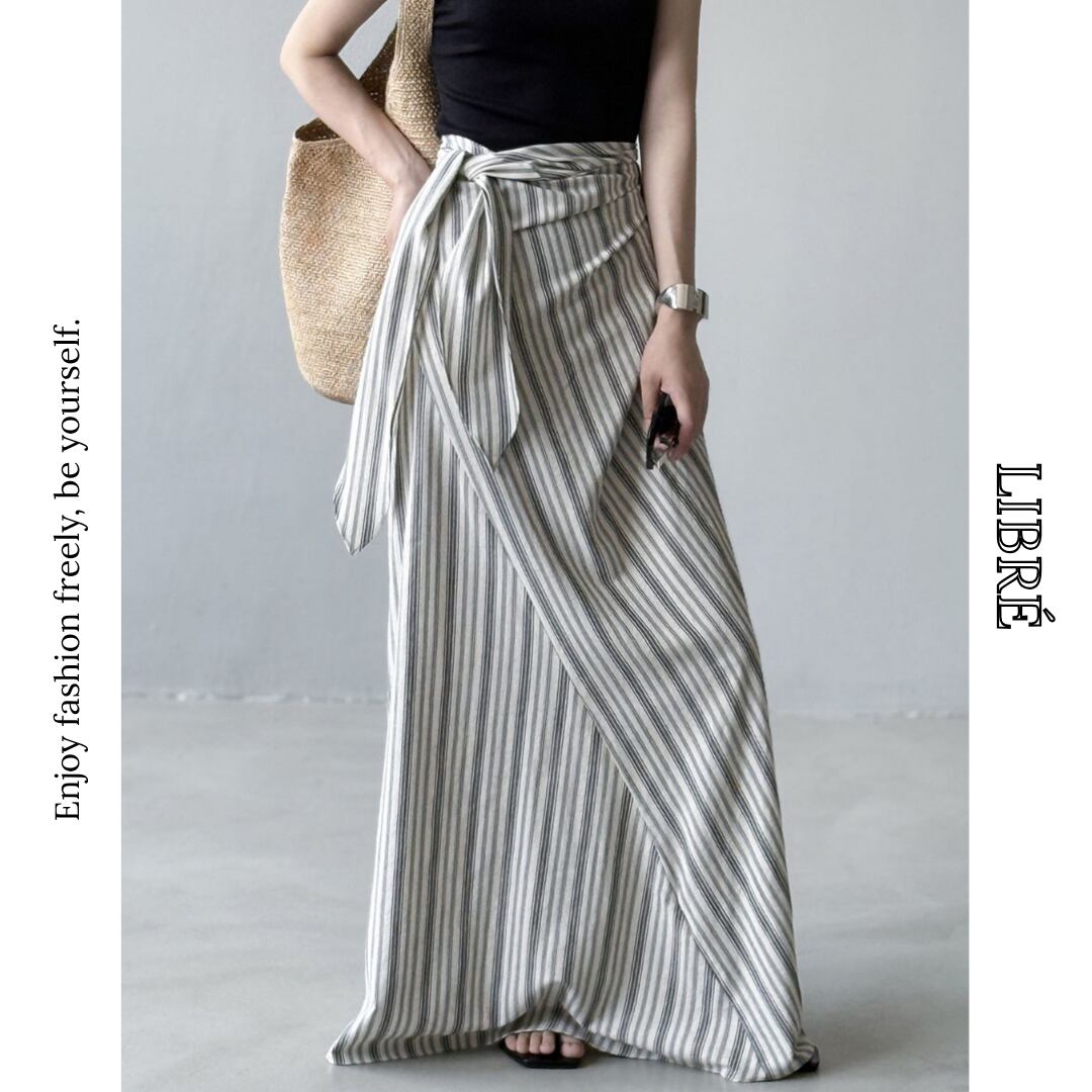 striped wrap belt long skirt L0509