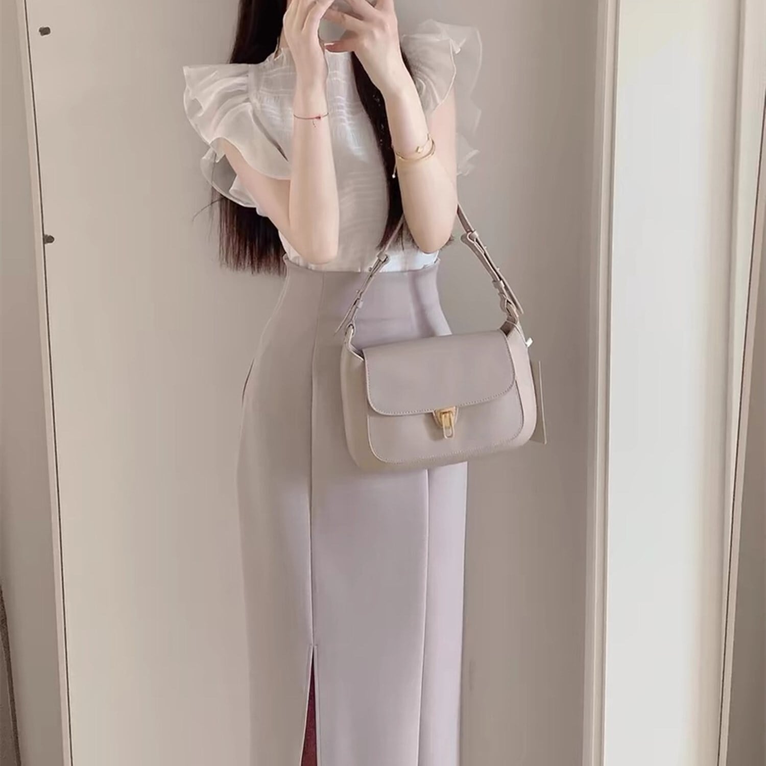 【set】ノースリーブフリルトップス×スリットスカートセット N2488