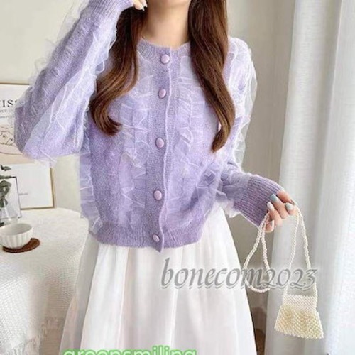 レディース プチプラ ニットカーディガン クルーネック カーディガン アウター 羽織り ショート丈 フリル 秋ファッション 秋冬 ファッションン