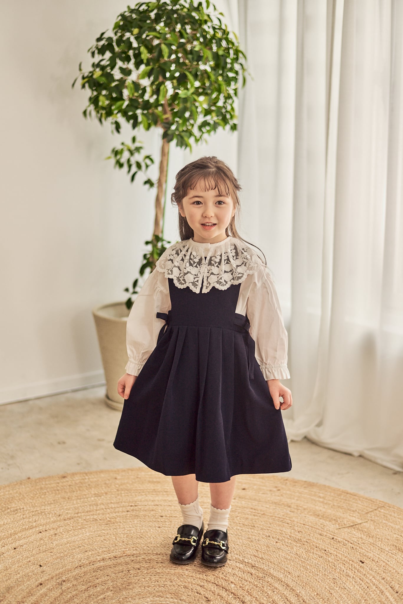 即納】チュール刺繍襟ブラウス×サイドリボンジャンパースカート