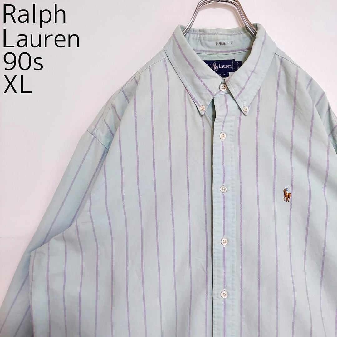 90s ラルフローレン BDストライプシャツ 刺繍ポニー XL ブルー 青 紫