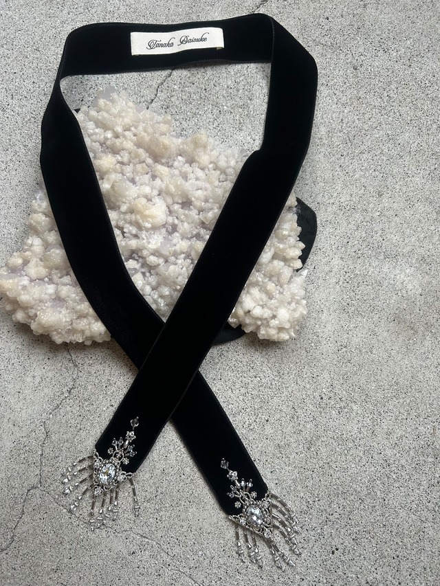 tanakadaisuke   crystal silver tip velvet long ribbon Black