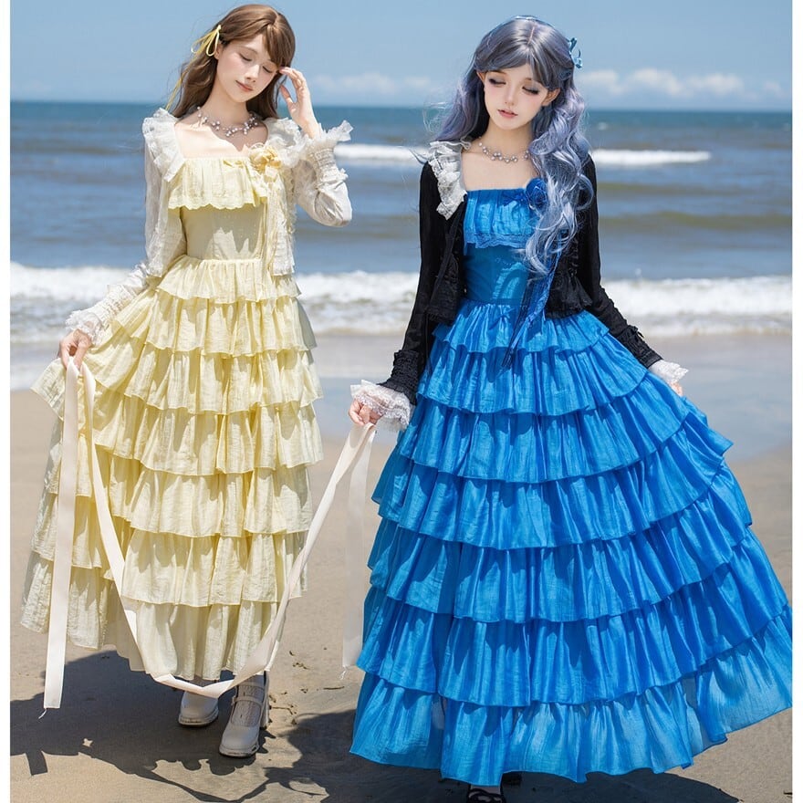 ロリータファッション 甘ロリ 青・黄七段フリルロングサマードレス2点