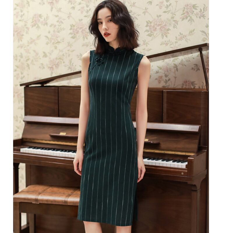 チャイナドレス ワンピース チャイナ風服 中華服 スタンドネック ノースリーブ ロング丈 エレガント 着痩せ 上品 大きいサイズ S M L Ll 3l 4l 普段着 パーティー 女子会 ストライプ柄 縞模様 縦縞 グリーン ブラック 緑 黒い Dresszone