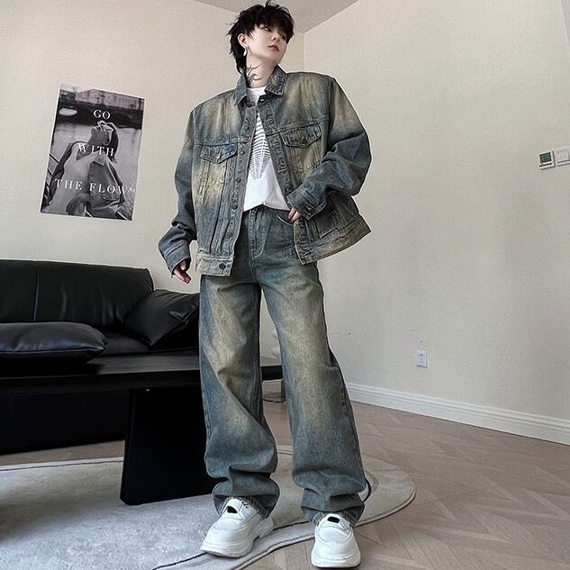 【予約販売】メンズ セットアップ メンズ デニム カジュアル ブルー Gジャン ウォッシュ加工 なれ感 韓国 ベーシック シンプル パンツ セット セットアップ ワイド トレンド M/L/XL