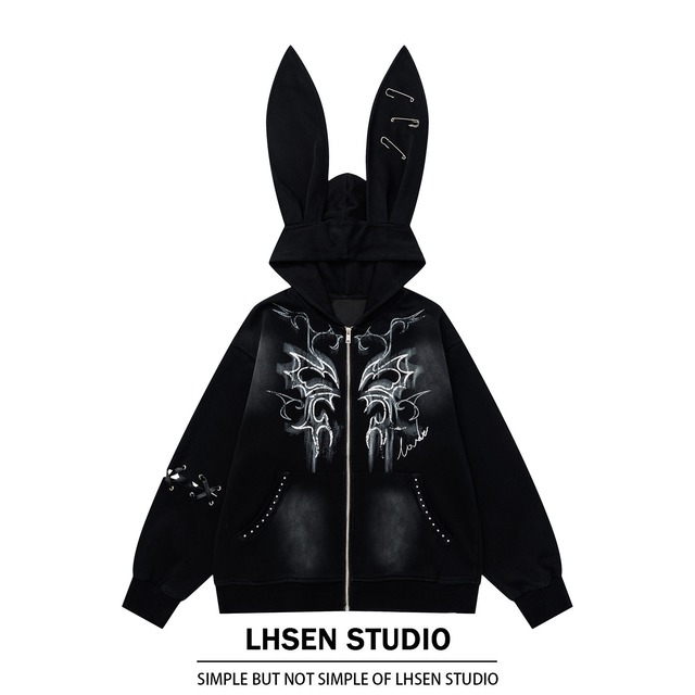 【LHSENシリーズ】★アウター★ ユニセックス メンズ ジャンプパーカー 兎耳 レトロ ブラック 黒い