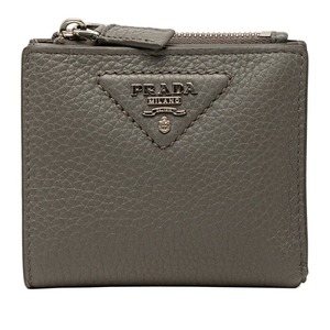 プラダ トライアングルロゴ 二つ折り財布 コンパクトウォレット グレー ヴィッテロダイノレザー レディース PRADA 【中古】